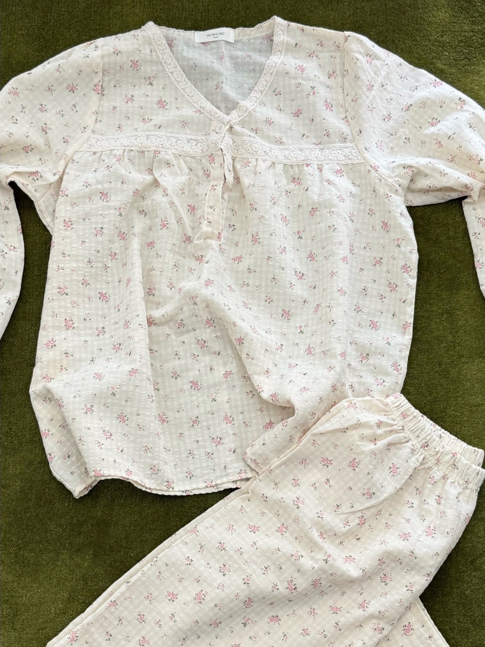 Made in Korea Women's Cream Floral Cotton Sleep Top and Bottom Set